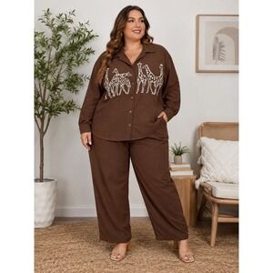 Blast Studio Vintage Faux Suede Giraffe Embroidered Shirt & Pants Set Brown 2X